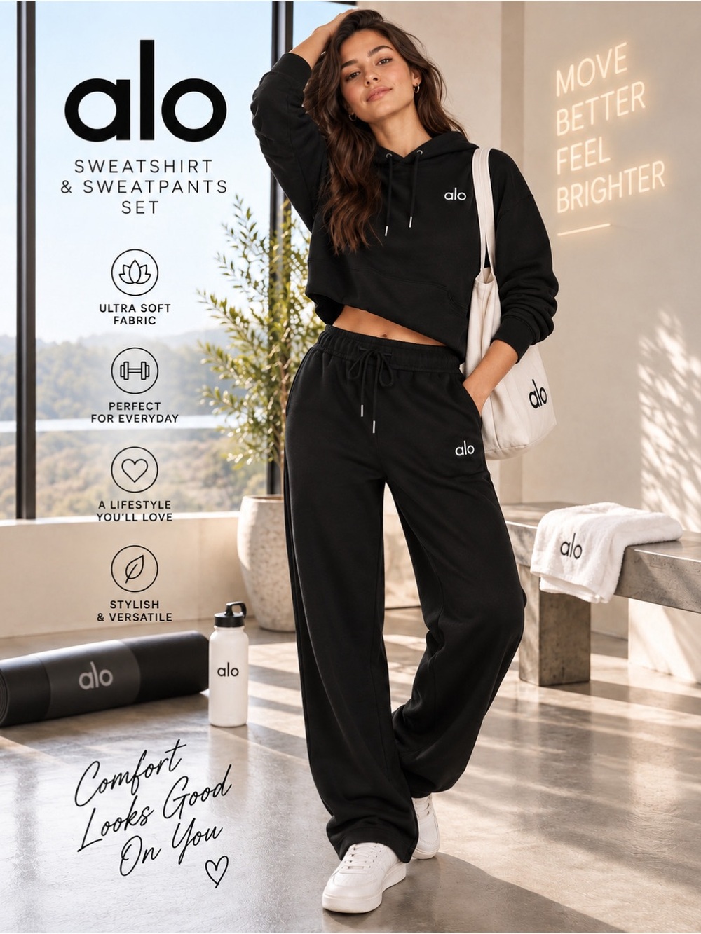 ALO Yoga Black Hoodie & Sweatpants Matching Set | 2 Piece Outfit NEW